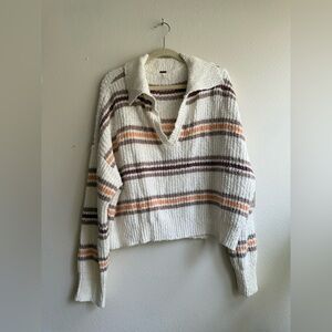 Free People Striped V-Neck Collared Sweater in Cream, Rust, Brown